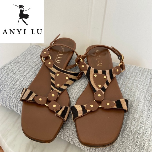 Anyi Lu - Women’s 5.5 36 Brown Flats With Zebra Print and Gold Accents - Picture 1 of 12